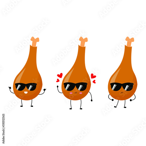 Vector illustration of 3 chicken thighs with various cute expression, set of chicken thigh isolated on white background, simple minimal style,  mascot collection, emoticon, cool with sunglasses