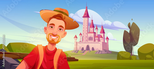 Tourist taking photo at pink ancient castle travel landmark. Young man posing for selfie at landscape with palace visiting sightseeing in journey on summer holidays tour, Cartoon vector illustration