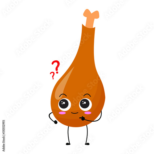 Vector illustration of chicken thigh with cute expression, chicken thigh isolated on white background, simple minimal style,  mascot collection, emoticon. curious face, asking