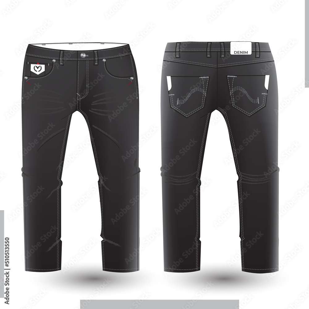 Denim pant design and mockup. Men's trousers technical fashion illustration. Denim pant technical sketch for tech pack design front and back view with denim pocket Denim pant design and mockup. Men's trousers technical fashion illustration. Denim pant technical sketch for tech pack design front and back view with denim pocket