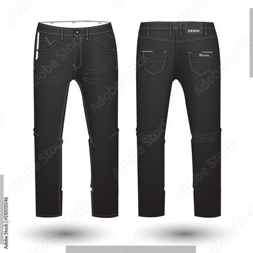 Denim pant design and mockup. Men's trousers technical fashion illustration. Denim pant technical sketch for tech pack design front and back view with denim pocket