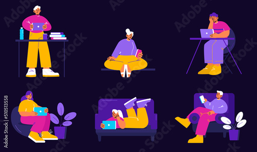 People using mobile phone, tablet and laptop in different poses. Vector flat illustration with happy characters with digital gadgets sitting on chair, at table and lying on sofa