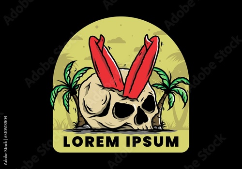 Surfing board stuck in human skull illustration