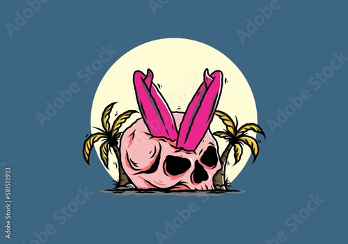 Surfing board stuck in human skull illustration