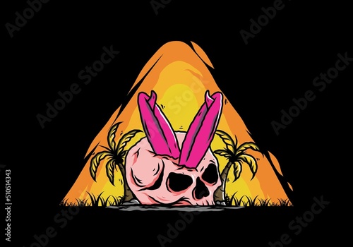 Surfing board stuck in human skull illustration