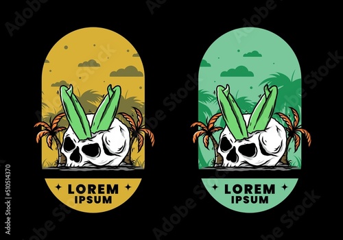 Surfing board stuck in human skull illustration