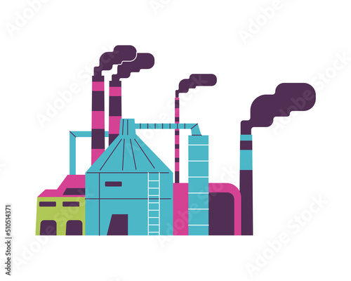 Industrial factory or plant produce electricity or energy power, flat vector illustration isolated on white background.