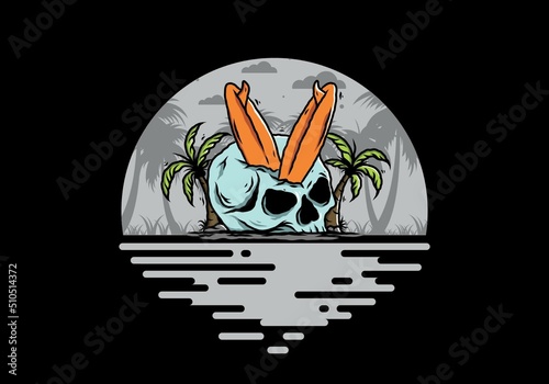 Surfing board stuck in human skull illustration
