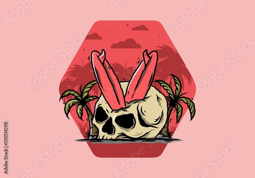 Surfing board stuck in human skull illustration