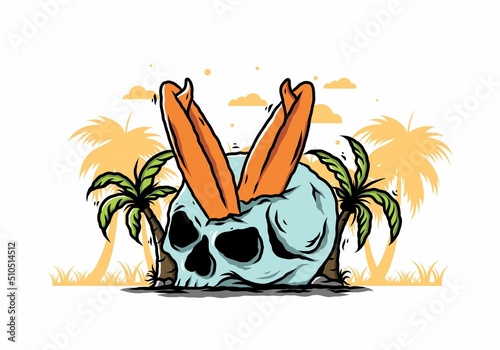 Surfing board stuck in human skull illustration