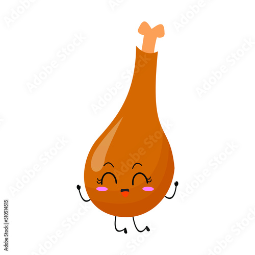 Vector illustration of chicken thigh with cute expression, chicken thigh isolated on white background, simple minimal style,  mascot collection, emoticon. jump, happy face, smile