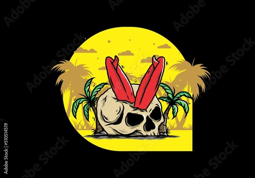Surfing board stuck in human skull illustration
