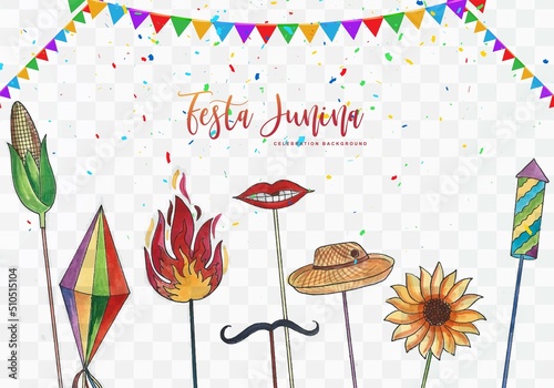 Decorative festa junina elements on watercolor transparent background