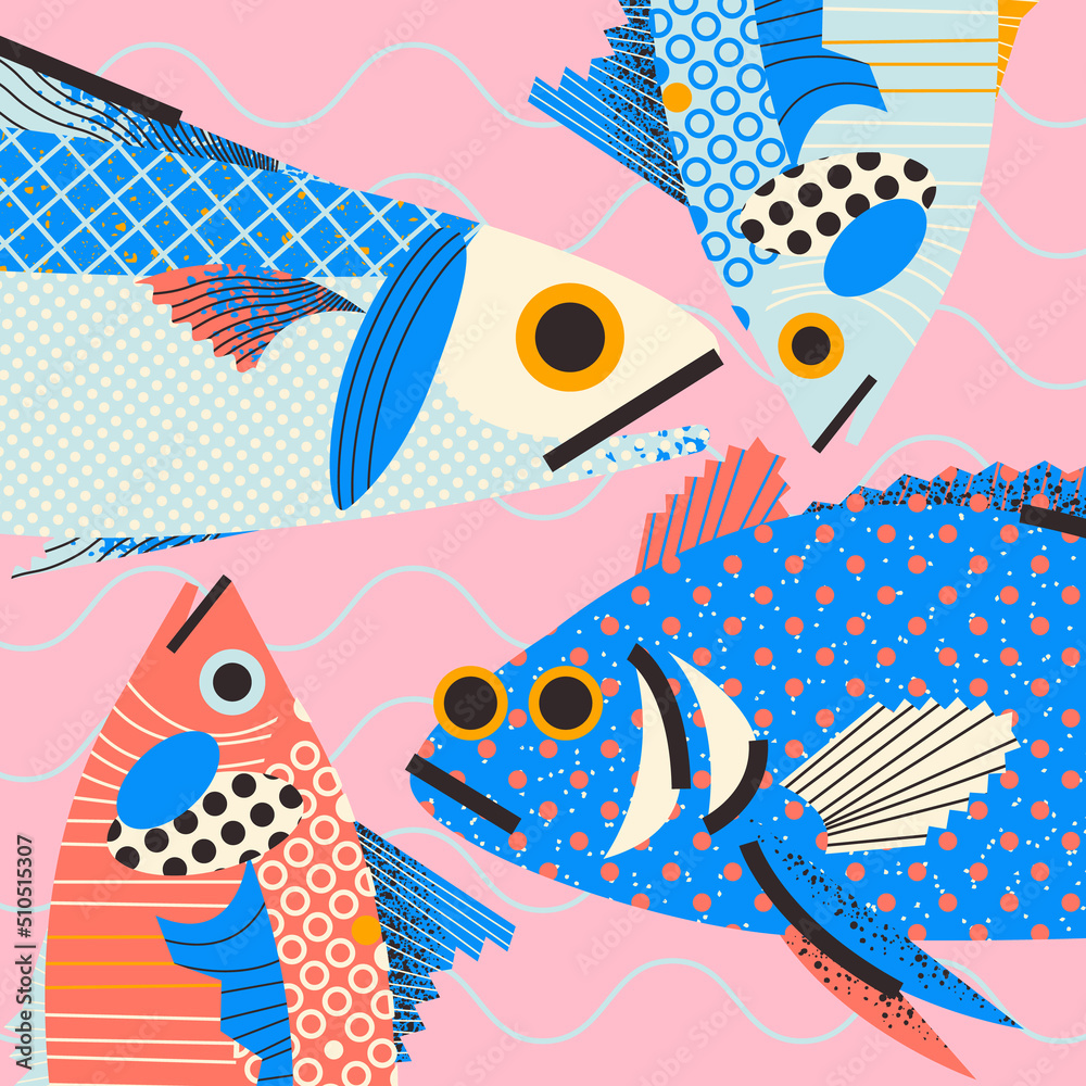 Stylish illustration of fresh fish in a cartoon flat style