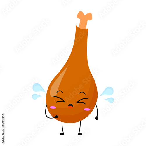 Vector illustration of chicken thigh with cute expression, chicken thigh isolated on white background, simple minimal style,  mascot collection, emoticon. sad, cry