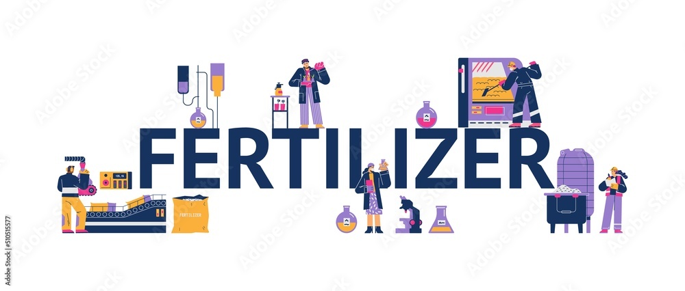 Banner with huge fertilizer world and tiny workers, vector illustration isolated. Banner with huge fertilizer world and tiny workers, vector illustration isolated.