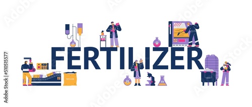 Banner with huge fertilizer world and tiny workers, vector illustration isolated.