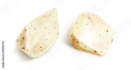 Fresh cheese triangle blocks or pieces isolated on white background. Vector realistic set of white soft cheese chunks with spices, red pieces of tomato and peppers