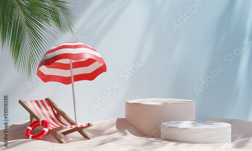 Podium on sand product display stand. product display on round podium with summer beach, 3d illustration