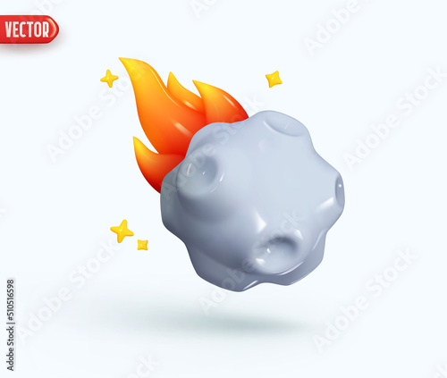 Abstract minimal comet icon. Flying asteroid with fire. Meteorite flies and plume of fire. Meteor stone. Realistic 3d design In plastic cartoon style. Vector illustration