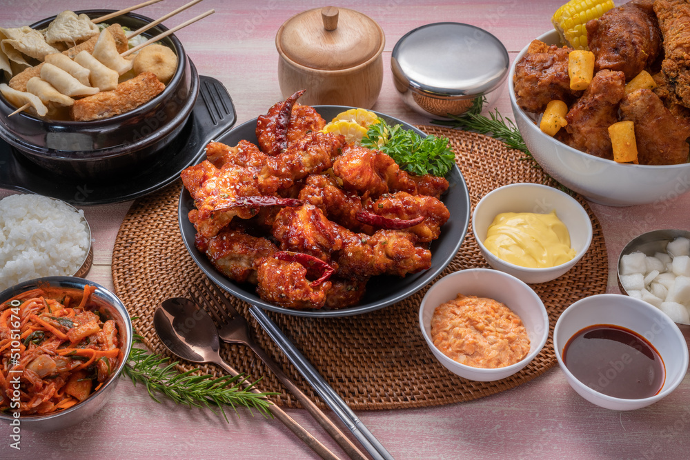 Gang Jeong chicken or crispy and tender Korean fried chicken smothered in a sticky, spicy red sauce Served with kimchi, dipping sauce, rice and sweet corn. Gang Jeong chicken or crispy and tender Korean fried chicken smothered in a sticky, spicy red sauce Served with kimchi, dipping sauce, rice and sweet corn.