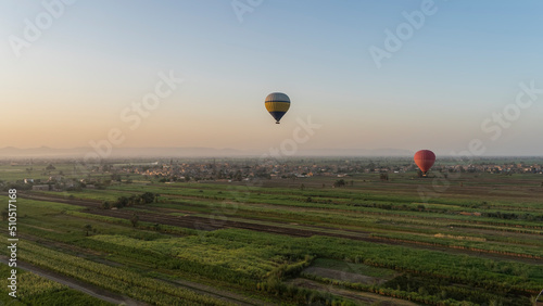 Balloons fly over agricultural plantations. Green fields below. The morning sky is highlighted pink. Egypt. Luxor