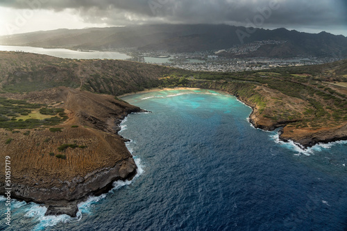 Aerial panorama of Hanauma Bay beach before sunset, most popular visiting place on Oahu Island