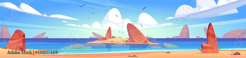 Sea beach landscape with stones and small sand island in water. Vector cartoon illustration of panorama of ocean or lake coast with rocks, seagulls and clouds in sky