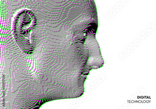 Smiling elderly man. Abstract digital human head constructing from cubes. Technology and robotics concept. Voxel art. 3D vector illustration for presentations, flyers or posters.