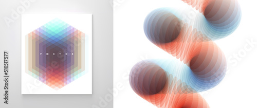Spiral and hexagon. Abstract geometric design. 3d vector illustration made of various overlapping elements. Applicable for banners, placards, posters or flyers.