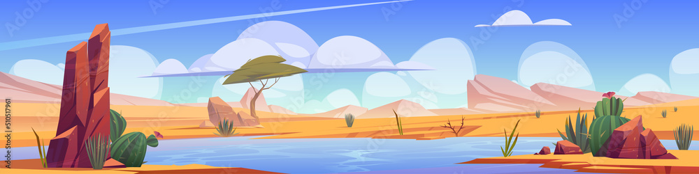 Oasis with blue water and plants in african desert. Vector cartoon panoramic illustration of sand desert landscape with green cactuses, river and mountains