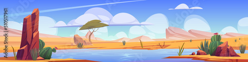 Oasis with blue water and plants in african desert. Vector cartoon panoramic illustration of sand desert landscape with green cactuses, river and mountains