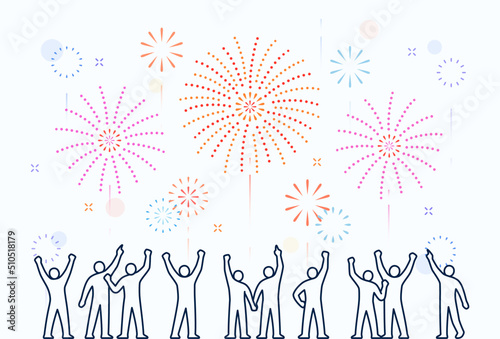 people watching fireworks illustration: celebration festival event background. Editable vector human icons