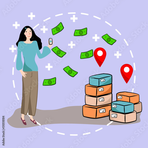 Icon of online shopping concept. Woman work from home, banknote, plus and shopping boxes. Online shopping landing page illustration template.

