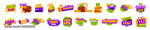 Icons of cash back offers. Concept of refund money after buy. Vector cartoon set of stickers, promotion banners of cashback with gold coins, arrows, wallet and credit card