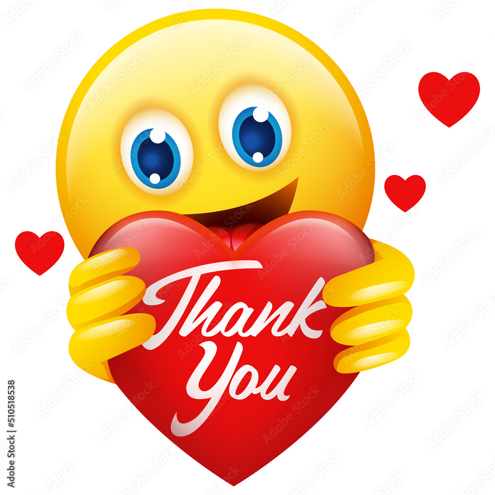 Emoticon holding heart symbol with Thank You message Stock Vector