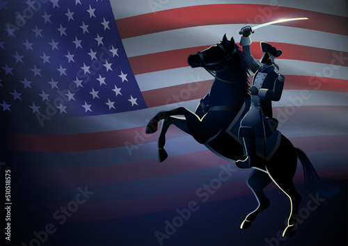 Foto Revolutionary commander figure on horseback with United States of America flag a