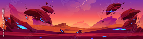 Fantastic landscape of alien planet with rocks, flying stones and glowing blue spots. Vector cartoon fantasy illustration of cosmos and planet surface panorama for space game background