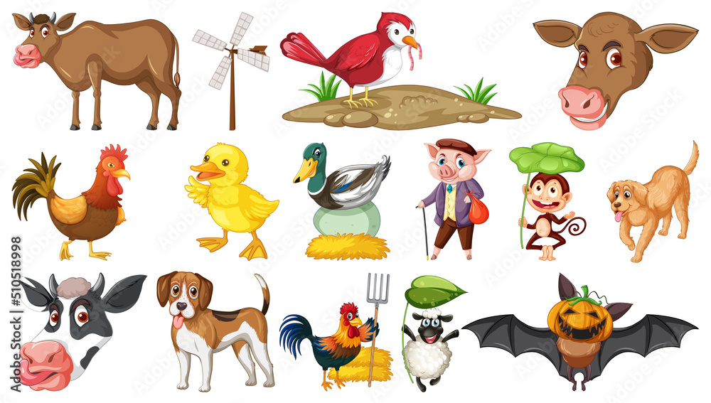 Fototapeta premium Many farm animals on white background