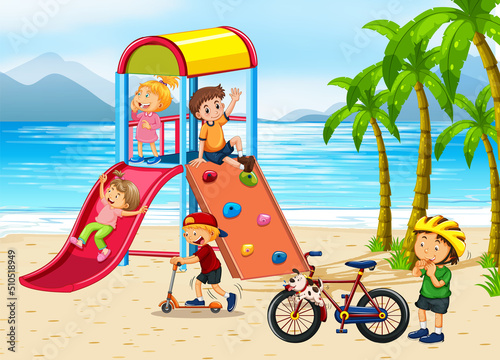 Beach playground with happy children