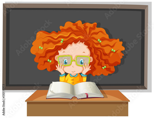 Student with curly hair reading a book wih board on the background