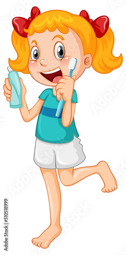 Cute girl cartoon character brushing teeth