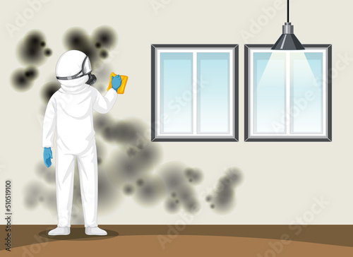 Man in protective hazmat suit cleaning mold on the wall