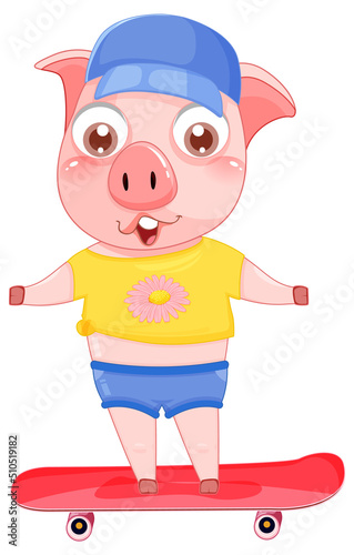 Cute pig cartoon character playing skateboard