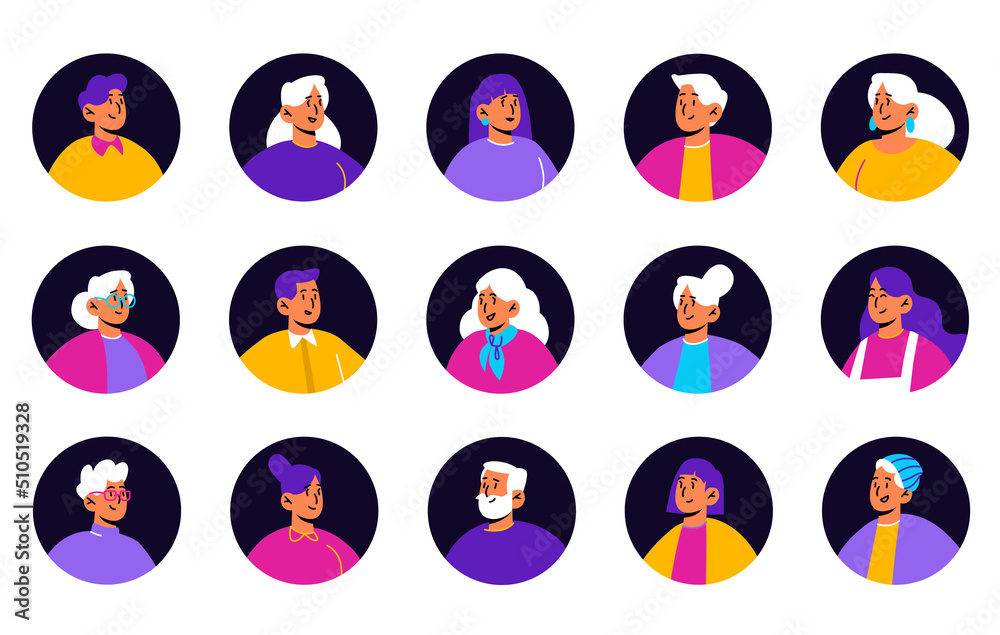 People avatars for social media or profile in app. Vector of flat portraits of men and women characters with different hairstyles, glasses and beard in black circle frames People avatars for social media or profile in app. Vector of flat portraits of men and women characters with different hairstyles, glasses and beard in black circle frames