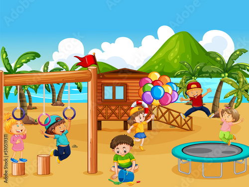 Beach playground with happy children