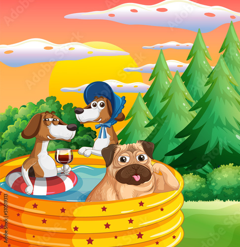 Outdoor scene with many dogs in inflatable pool