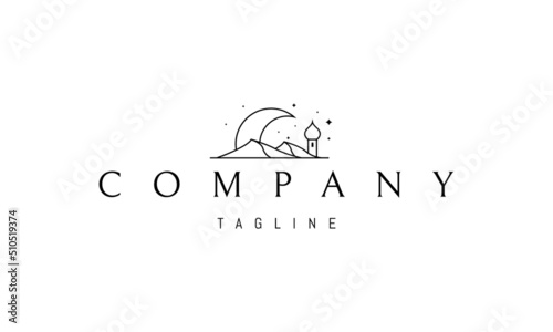 Vector logo on which an abstract image of a landscape of tung against the backdrop of a huge moon.