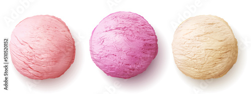 Ice cream ball realistic vector illustration. Color sphere scoop sundae or sorbet 3D isolated icons on white background, cold summer milk dessert with various taste
