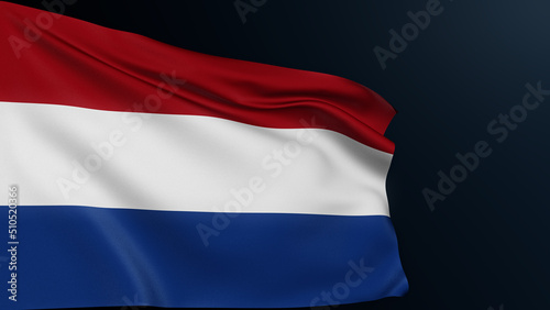 Netherlands flag. Amsterdam sign. European country. Dutch national tricolor symbol of celebration of King's Day, April 27. Realistic 3D illustration with cotton texture isolated on dark.